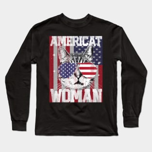 Americat Woman American Flag 4th Of July Cat Meowica Long Sleeve T-Shirt